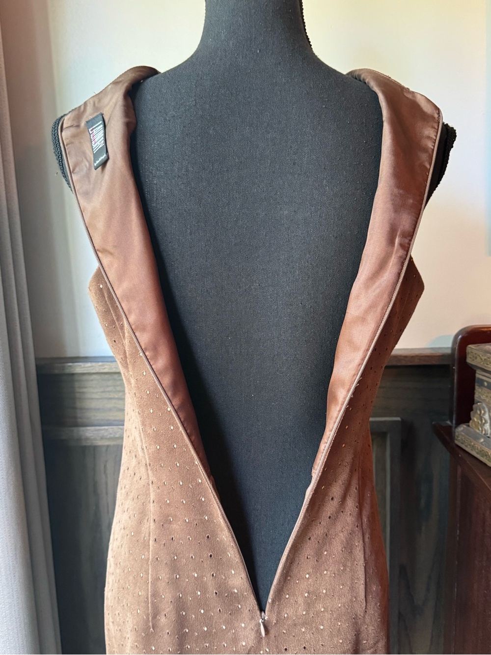 Laundry By Shelli Segal Vintage  Brown Faux Suede Dress 90s Sz 6 - Picture 7 of 10